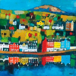 The artwork "Tobermory, Mull" depicts vibrant houses in red, blue, yellow, and white along the waterfront, mirrored in the water below green hills and a mountain under a bright blue sky.