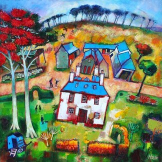 The Farm is a colorful, whimsical painting featuring vibrant blue-roofed houses, tall red trees, winding paths, people, gardens, and a golden hill with dark trees in the background.