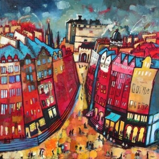 The "Edinburgh Nights" painting captures a lively city street with tall, leaning red, blue, and yellow buildings. People stroll beneath a dramatic sky, with distant towers and unique Edinburgh architecture in view.