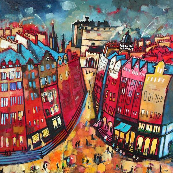 The "Edinburgh Nights" painting captures a lively city street with tall, leaning red, blue, and yellow buildings. People stroll beneath a dramatic sky, with distant towers and unique Edinburgh architecture in view.