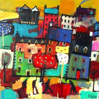 Lilliesleaf: A colorful abstract painting featuring multicolored houses, trees, and a yellow sky. Bold brushstrokes and overlapping shapes evoke the vibrant and playful atmosphere of a lively town.