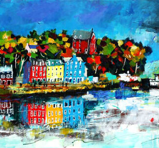 Still Water, Tobermory" showcases colorful waterfront buildings and trees reflected in calm water under a bright blue sky, with a small red boat in the foreground and another boat near the shore.