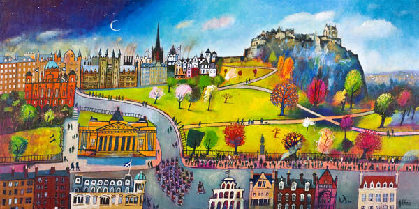 Pipers on Parade is a colorful, whimsical painting featuring a cityscape with historic buildings, vibrant trees, and people gathered along winding roads beneath a bright blue sky, grassy hill castle, and crescent moon.