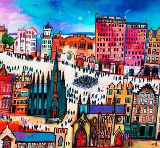 Marching the Mile" is a colorful, whimsical painting depicting a vibrant cityscape with tall, varied buildings, bustling streets full of tiny figures, and a distant castle on a hill beneath a vivid blue and pink sky.