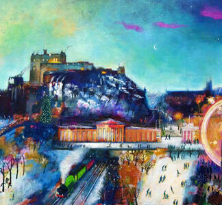 Winter Gardens: A vibrant painting of an illuminated cityscape with Edinburgh Castle, the Scott Monument, glowing Winter Gardens, a bright ferris wheel, crowds below, all beneath a dramatic twilight sky.
