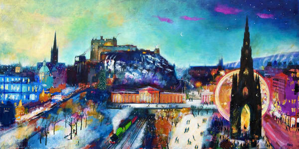 Winter Gardens: A vibrant painting of an illuminated cityscape with Edinburgh Castle, the Scott Monument, glowing Winter Gardens, a bright ferris wheel, crowds below, all beneath a dramatic twilight sky.