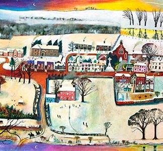 “Village Life, Winter” is a colorful, whimsical painting portraying snowy houses, trees, playful villagers, winding roads, and vibrant skies that create a lively and dreamlike winter landscape.
