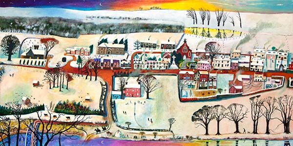 “Village Life, Winter” is a colorful, whimsical painting portraying snowy houses, trees, playful villagers, winding roads, and vibrant skies that create a lively and dreamlike winter landscape.