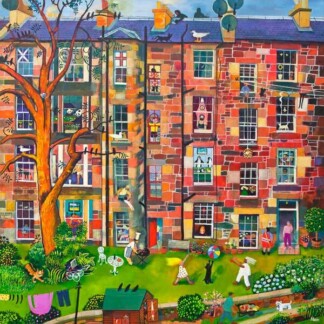 Rear Window features a colorful illustration of an apartment building with lively scenes: people and pets in windows, kids playing in the garden, adults doing chores, laundry on a line, birds on the roof, and a large tree evoking classic neighborhood charm.