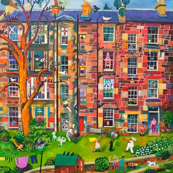 Rear Window features a colorful illustration of an apartment building with lively scenes: people and pets in windows, kids playing in the garden, adults doing chores, laundry on a line, birds on the roof, and a large tree evoking classic neighborhood charm.