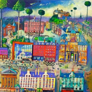Graduation Day, Edinburgh" depicts a colorful, whimsical city square filled with people celebrating among historic and modern buildings, trees, and a hilltop castle beneath a vibrant blue and purple sky.