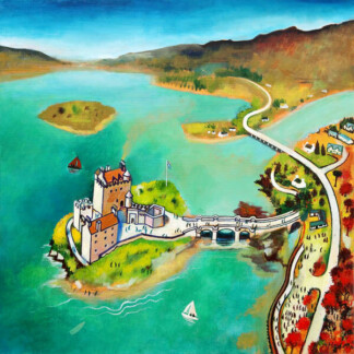 Visiting Eilean Donan" is a vibrant painting of a castle on an island connected by a bridge, set amid turquoise waters, boats, winding roads, trees, and distant mountains.