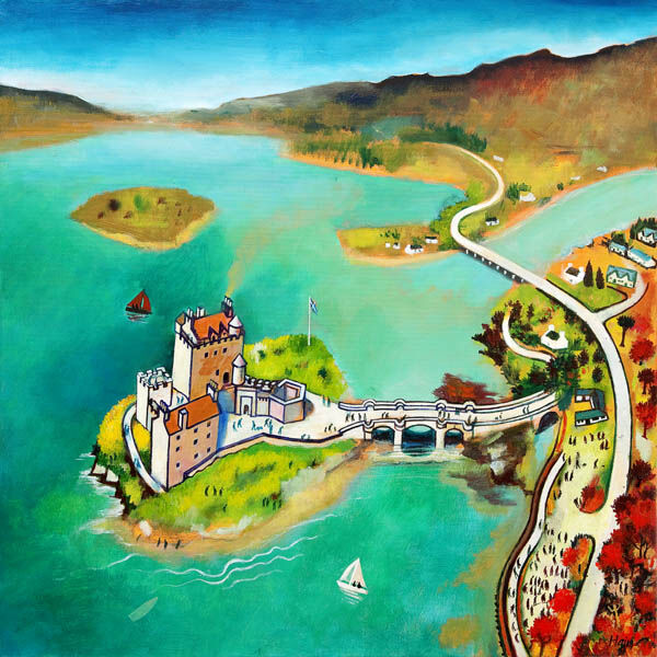 Visiting Eilean Donan" is a vibrant painting of a castle on an island connected by a bridge, set amid turquoise waters, boats, winding roads, trees, and distant mountains.