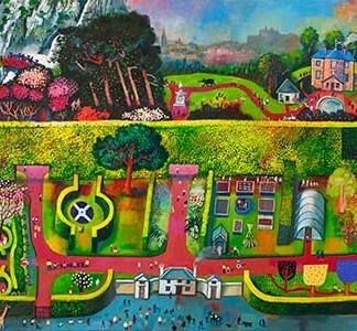 Vibrant painting titled "The School Trip" featuring a lively garden landscape with paths, trees, flower beds, ponds, animals, people, whimsical buildings, and a large hill in the background.
