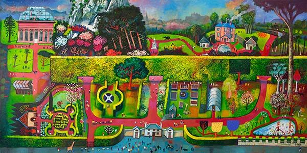 Vibrant painting titled "The School Trip" featuring a lively garden landscape with paths, trees, flower beds, ponds, animals, people, whimsical buildings, and a large hill in the background.