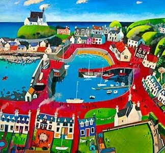 Findochty is a colorful, whimsical painting of a coastal village featuring boats in the harbor, red roads, white houses with blue roofs, green hills, and a vivid blue sea under a bright sky. The scene is lively and vibrant.