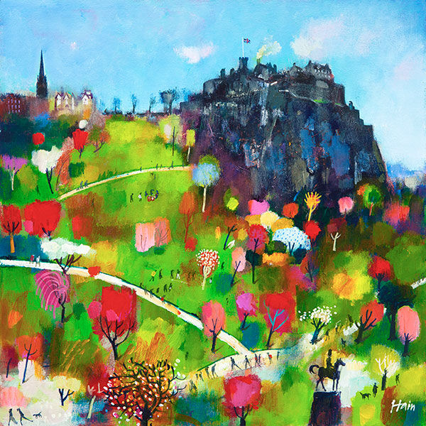 Picnic in the Gardens" features a vibrant painting of a hilltop castle with a flag, overlooking colorful park trees and winding paths where tiny figures picnic near a distant statue.
