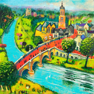 Colorful painting of Tweed Bridge, Peebles arched over a winding blue river with people strolling, trees, historic buildings, and a tall church tower beneath a bright sky.