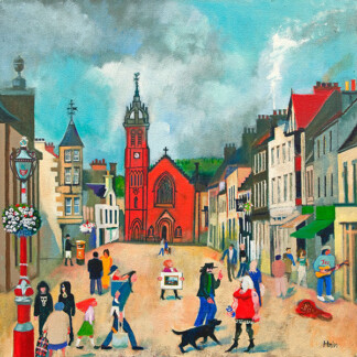 High Street, Peebles depicts people walking, shopping, and interacting along colorful buildings with a red church in the background under a partly cloudy sky. In the foreground, a person walks with a black dog.