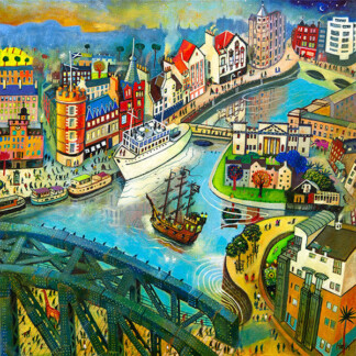 Pirates of Leith is a colorful, whimsical painting of a lively riverside city with boats on the water, crowds on the bridge and quay, and vibrant buildings lining the curved riverbank beneath a dynamic sky.
