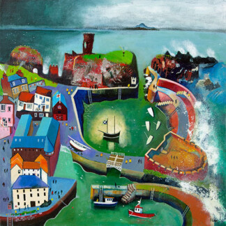 Sheltering from the Storm" is a colorful, whimsical painting of a coastal village with vibrant houses, boats in the harbor, and an old castle atop a grassy hill as waves crash against rocks beneath a cloudy sky.