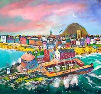 Fun on the Beach, North Berwick is a colorful, whimsical painting featuring vibrant houses, sailboats in the harbor, crashing waves, and a green hill beneath a dramatic multicolored sky.