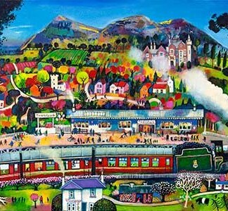 “All Aboard for Waverley” is a vibrant painting depicting a steam train at a lively village station, with countryside houses, trees, hills, and river. Bustling people move beneath a bright blue sky, while a distant castle overlooks the cheerful scene.