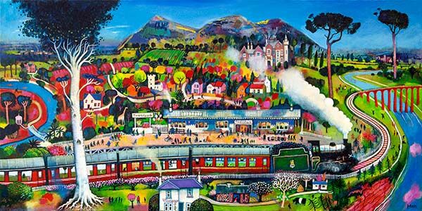 “All Aboard for Waverley” is a vibrant painting depicting a steam train at a lively village station, with countryside houses, trees, hills, and river. Bustling people move beneath a bright blue sky, while a distant castle overlooks the cheerful scene.
