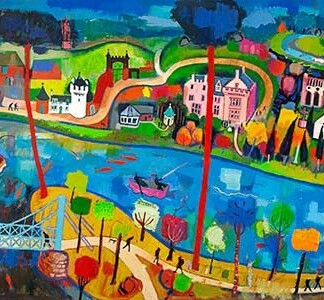 Fishing the Tweed is a colorful, whimsical painting of a riverside town with vibrant houses, boats, a winding river, bridge, green hills, playful buildings, and a deep blue sky—a lively scene bursting with energy and charm.