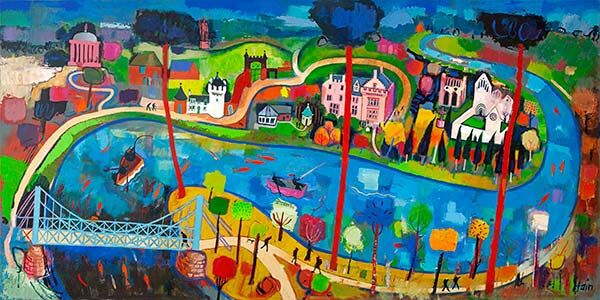 Fishing the Tweed is a colorful, whimsical painting of a riverside town with vibrant houses, boats, a winding river, bridge, green hills, playful buildings, and a deep blue sky—a lively scene bursting with energy and charm.