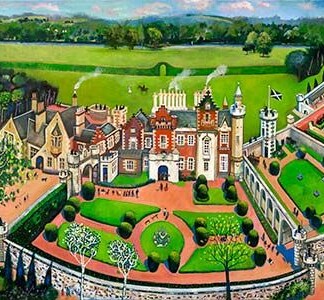 The Palace of the Imagination is a colorful painting depicting a large manor house with geometric formal gardens, topiary, pathways, and trees, all surrounded by a stone wall and fields.