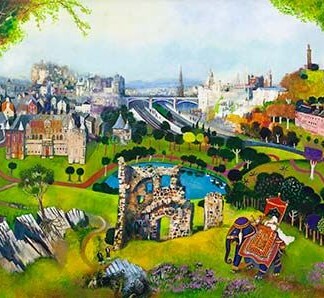 Bollywood at Holyrood is a vibrant, whimsical painting depicting castles, colorful buildings, rolling green hills, an ornate elephant with a rider near old stone ruins, and a lively park—capturing the spirit of Bollywood in Edinburgh.