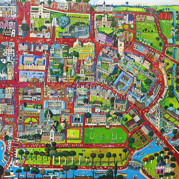 Oxford: A colorful illustrated map featuring historic buildings, green parks, winding rivers, red streets linking landmarks, sports fields, trees, and bridges—capturing the vibrancy of the city.