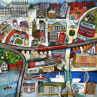 Welcome to Newcastle is a vibrant, whimsical painting that captures the city's energy with bridges, trains, ships, lively crowds, and bold abstract lines in bright colors—inviting you into Newcastle's bustling city life.