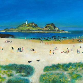 Hot Summer Days" depicts a lively beach with people and dogs on the sand, grassy dunes up front, a blue sea, distant island with lighthouse, a sailboat on the horizon, all under a vivid blue sky.