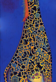 Fred is a tall, stylized giraffe standing on green grass with a deep blue background. Its body features bold black abstract patterns and symbols, with a mane glowing in bright orange and red tones.