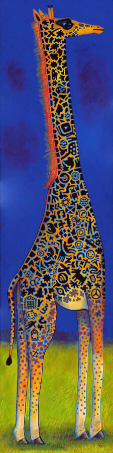 Fred is a tall, stylized giraffe standing on green grass with a deep blue background. Its body features bold black abstract patterns and symbols, with a mane glowing in bright orange and red tones.