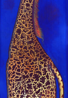 Ginger, a stylized painting of a ginger giraffe adorned with intricate maze-like patterns, stands upright on green grass against a deep blue background, facing left.