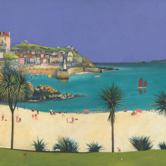 Sun, Sea and St Ives" is a vibrant painting depicting a lively beach with people on sandy shores, blue-green waters, palm trees, and boats near a picturesque coastal village under a clear, sunlit sky.