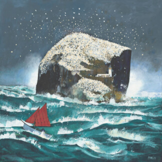 In "The Bass Rock," a small sailboat with a red sail braves choppy turquoise waves near the rocky, bird-covered island topped by a lighthouse beneath a dark, dramatic sky.