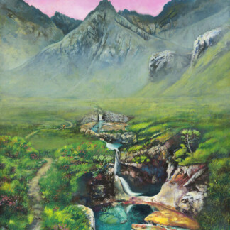 A vibrant landscape featuring Glen Brittle, Home of the Fairy Pools: green grass, a rocky path, waterfalls flowing into clear pools, colorful rocks, distant mountains under a pink sky, and two birds soaring above.