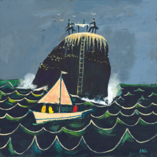 Three people sail past a rocky outcrop in choppy seas while three others enjoy Extreme Dining, Rockall atop the stone near a ladder, as white birds soar above and waves crash below.