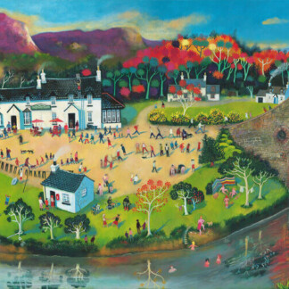A vibrant painting of Tigh an Truish (The Hoose o’ Troosers), showing a lively riverside village with people strolling, boating, autumn trees, white houses, and the famed stone bridge arching over the water.