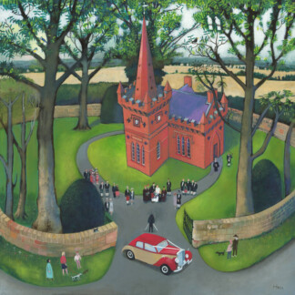 Lowland Wedding" is a whimsical painting depicting a red-brick chapel with a steeple, surrounded by trees and lawns. Formally dressed people gather outside, with a vintage red-and-white car by the gate and a stone wall enclosing the scene.