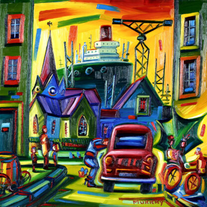 Colorful, expressionist painting depicting a vibrant street scene with houses, a car, people, and a boat, all with exaggerated features and bold brushstrokes. By Raymond Murray