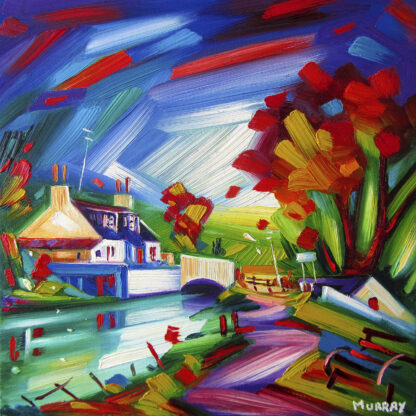 An expressive, colorful oil painting depicting a vibrant landscape with a building, water, and dynamic brushstrokes conveying movement in the sky and foliage. By Raymond Murray