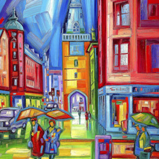 A vibrant, impressionistic painting of a colorful urban street with people holding umbrellas. By Raymond Murray