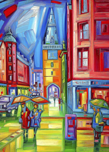 A vibrant, impressionistic painting of a colorful urban street with people holding umbrellas. By Raymond Murray