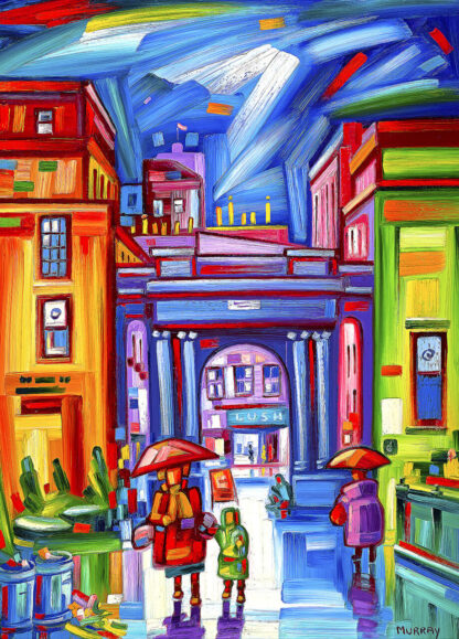 A vibrant, colorful painting of an urban street scene with people holding umbrellas, reflecting a distinctive, expressionist style. By Raymond Murray