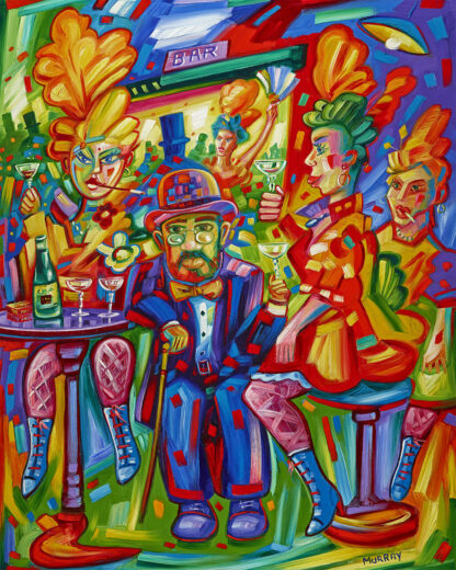 Colorful, expressionistic painting of lively bar scene with multiple figures, drinks, and vivid patterns. By Raymond Murray